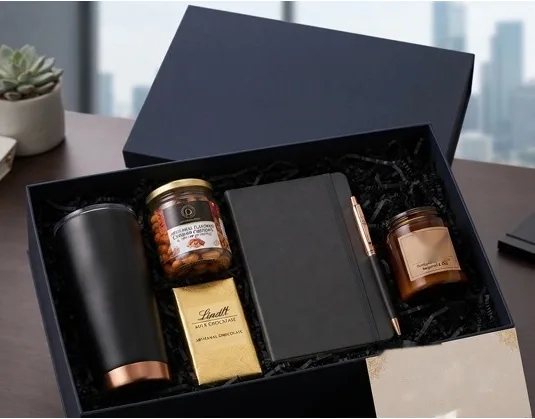 Client appreciation box with tumbler, almonds, chocolate, diary and candle