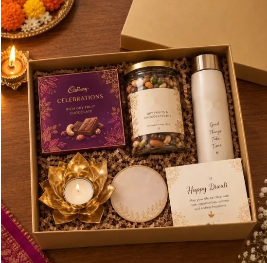 Festive Diwali box with lotus diya, dry fruits jar, bottle and coaster