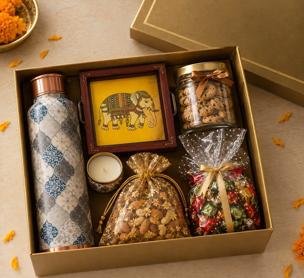 Diwali hamper with copper bottle, elephant art tray and dry fruits