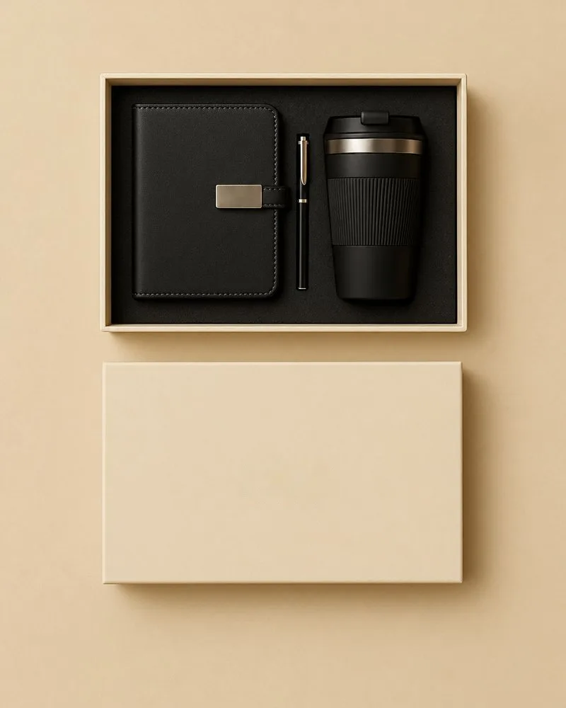 Onboarding kit with diary, pen and tumbler